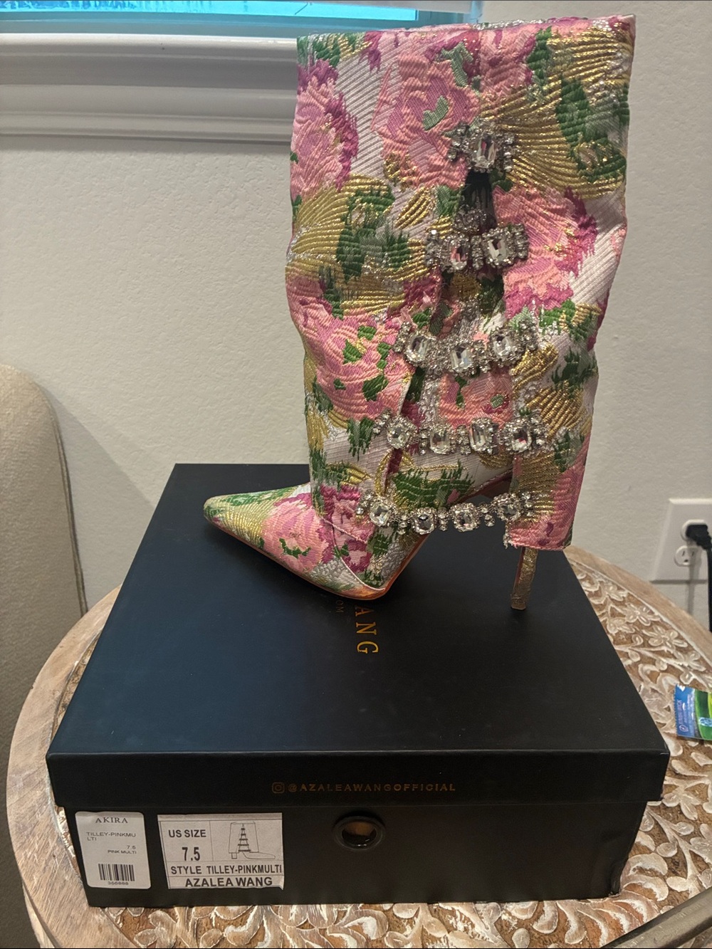 Azalea Wang Pink Floral Crystal-Embellished Pointed-Heel Boot